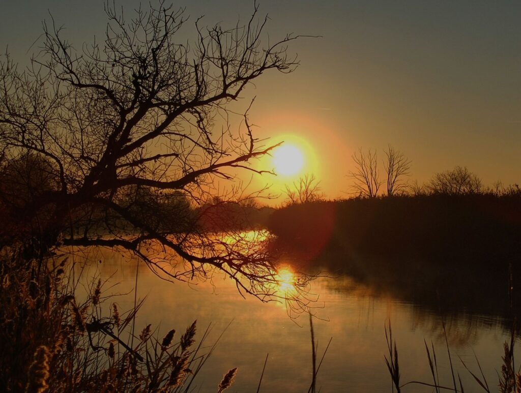 Photo du lever du soleil sur l'Orb à Sérignan avec la brume à la surface de l'eau