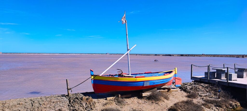 Photo d'une barque catalane colorée aux salins de Gruissan avec les bassins de la mer Méditerranée couleur rose